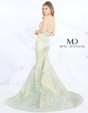 Load image into Gallery viewer, Mac Duggal 66740M Size 6 Aqua ice blue formal dress features a mermaid silhouette in jacquard, with beading accent on the collared strapless sweetheart neckline. The semi-open back is offset with a chapel train. Mermaid style gown, strapless sweetheart neckline, brocade has gold shine, dramatic train , zipper closure