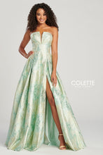Load image into Gallery viewer, Mon Cheri by Colette #12007 Size 10 Color Mint/Gold; Prom gown Formal, Party dress ; This astonishing dress features a strapless plunging neckline with a modest mesh insert for comfort. Showcasing its fascinating jacquard material and alluring side front slit, you're sure to have all eyes on you on your special day. DETAILS: Back Style ;Back Zipper, Corset Lace Up Detail Jacquard fabric Neckline ;Strapless, V Neck Style ;A Line