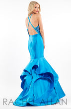 Load image into Gallery viewer, Rachel Allan #E1063 Size 6 Color Turquoise This Mermaid style prom gown has Mikado fabric (no stretch), open back with crisscross 1&quot; straps, fun multi layered hemline with long flounce that adds movement and interest to this fun look the hem has horsehair to add more definition along with a crisp edge , it is fully lined and includes a crinoline ;petticoat, Zipper closure. 
