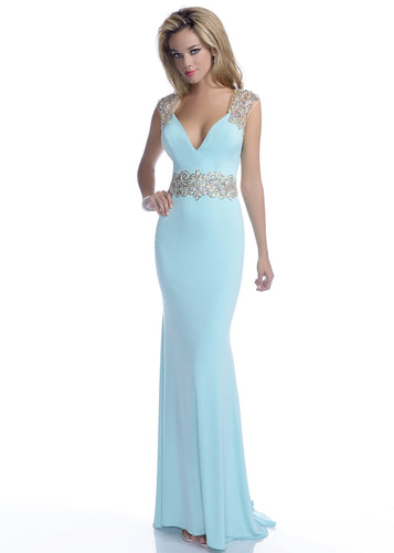 Envious #16072 Size 0 Color Aqua/Gold ; ( stock white is no longer available) Envious Couture jersey knit Aqua/Gold form fitting mermaid prom dress with embellished applique at waistline and matching cap sleeves, open mesh back , Zipper closure