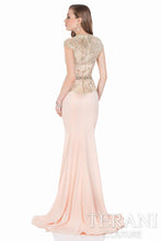 Load image into Gallery viewer, Terani #1622E1570 plus size Size 22 Color: Peach Prom gown the fabric is a soft jersey knit with a beautiful gold lace overlay on the bodice , the bodice has built in bra support along with boning for structure to the fit. this is in a plus size our stock image shown is a model in a size 8 but the overall look is the same no difference really. We feel this dress would work perfect for any formal occasion weather it be for Prom, Mother of bride or any special occasion see chart below for 
