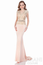 Load image into Gallery viewer, Terani #1622E1570 plus size Size 22 Color: Peach Prom gown the fabric is a soft jersey knit with a beautiful gold lace overlay on the bodice , the bodice has built in bra support along with boning for structure to the fit. this is in a plus size our stock image shown is a model in a size 8 but the overall look is the same no difference really. We feel this dress would work perfect for any formal occasion weather it be for Prom, Mother of bride or any special occasion see chart below for 
