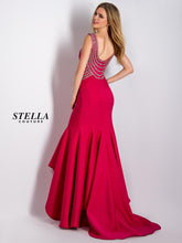 Load image into Gallery viewer, Stella Couture #17083 Size 6 Color Lipstick Stella Couture #17083 Prom gown is a mermaid style fabric is a soft and very stretchy scuba knit, crystal banding, scoop back, fully lined, Zipper closure.
