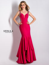 Load image into Gallery viewer, Stella Couture #17083 Size 6 Color Lipstick Stella Couture #17083 Prom gown is a mermaid style fabric is a soft and very stretchy scuba knit, crystal banding, scoop back, fully lined, Zipper closure.
