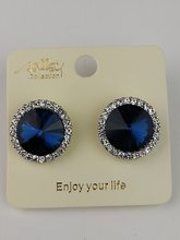 Load image into Gallery viewer, Ashley Collection post/stud sapphire blue rhinestone earrings ; Post style earrings , Sapphire Rondell cut with faucets, encased  with crystal rhinestone all around . lead and nickel free; made in china
