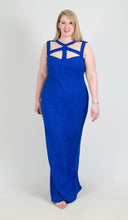 Load image into Gallery viewer, Marina #293442 Size 18 Royal Blue Shift style glitter knit form fitted, ottoman fabric ( thicker knit) , no lining, cage neckline, Zipper closure, very easy to wear . 
