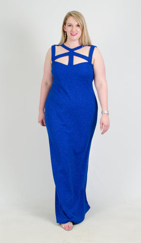 Marina #293442 Size 18 Royal Blue Shift style glitter knit form fitted, ottoman fabric ( thicker knit) , no lining, cage neckline, Zipper closure, very easy to wear . 