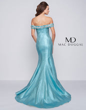 Load image into Gallery viewer, Mac Duggal ; #30577 Size 12 Color Aqua Marine ( stock image has a different hue see photos for actually dress ) ; Mac Duggal #30577 Prom dress mermaid style aqua marine ( photo is slightly darker than actual dress see added pics ) , glitter taffeta ;fabric , off the shoulder neckline with crystal beading , zipper closure. see size chart for measurements
