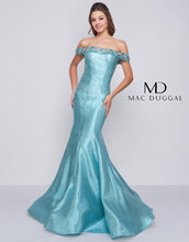 Load image into Gallery viewer, Mac Duggal ; #30577 Size 12 Color Aqua Marine ( stock image has a different hue see photos for actually dress ) ; Mac Duggal #30577 Prom dress mermaid style aqua marine ( photo is slightly darker than actual dress see added pics ) , glitter taffeta ;fabric , off the shoulder neckline with crystal beading , zipper closure. see size chart for measurements
