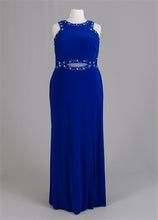 Load image into Gallery viewer, Morgan &amp; Company #12454 Size 18 Color Royal Blue Morgan &amp; Company #12454 Shift style Prom Dress jersey knit with a slit in skirt, mesh inserts, crystal acrylic beads, zipper closure. measurements: 38 chest 30 waist 46 hip
