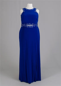 Morgan & Company #12454 Size 18 Color Royal Blue Morgan & Company #12454 Shift style Prom Dress jersey knit with a slit in skirt, mesh inserts, crystal acrylic beads, zipper closure. measurements: 38 chest 30 waist 46 hip