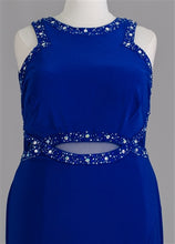 Load image into Gallery viewer, Morgan &amp; Company #12454 Size 18 Color Royal Blue Morgan &amp; Company #12454 Shift style Prom Dress jersey knit with a slit in skirt, mesh inserts, crystal acrylic beads, zipper closure. measurements: 38 chest 30 waist 46 hip
