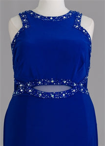 Morgan & Company #12454 Size 18 Color Royal Blue Morgan & Company #12454 Shift style Prom Dress jersey knit with a slit in skirt, mesh inserts, crystal acrylic beads, zipper closure. measurements: 38 chest 30 waist 46 hip