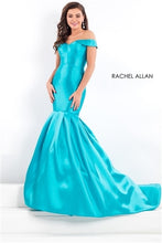 Load image into Gallery viewer, Rachel Allan #5977 Size 6 Color Turquoise this Mermaid fit and flare style Prom or pageant dress it&#39;s a Mikado fabric (no stretch), Bodice is a sweetheart neckline with cap sleeves, it is fully lined with petticoat, horse hair hem skirt. Zipper closure.
