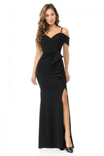 Load image into Gallery viewer, Lenovia #5206 ; Sweetheart Strapped Off The Shoulder Cinched and Ruffled Thigh Slit Floor Length Prom Homecoming Bridesmaids Formal Dress with added tail for length *Made in USA *Stretch knit polyester techno crepe fabric *Sweetheart draped off the shoulder neckline with straps *Bodycon cinched bodice and draped side ruffle *Thigh slit floor length long dress with added tail for length *Midi length lining with hidden back zipper and bra cup inserts *Special Occasions include: Prom, Homecoming, Bridesmaid, R
