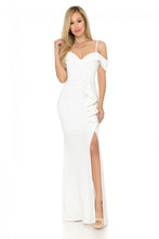 Load image into Gallery viewer, Lenovia #5206 ; Sweetheart Strapped Off The Shoulder Cinched and Ruffled Thigh Slit Floor Length Prom Homecoming Bridesmaids Formal Dress with added tail for length *Made in USA *Stretch knit polyester techno crepe fabric *Sweetheart draped off the shoulder neckline with straps *Bodycon cinched bodice and draped side ruffle *Thigh slit floor length long dress with added tail for length *Midi length lining with hidden back zipper and bra cup inserts *Special Occasions include: Prom, Homecoming, Bridesmaid, R
