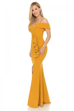 Load image into Gallery viewer, Lenovia #5206 ; Sweetheart Strapped Off The Shoulder Cinched and Ruffled Thigh Slit Floor Length Prom Homecoming Bridesmaids Formal Dress with added tail for length *Made in USA *Stretch knit polyester techno crepe fabric *Sweetheart draped off the shoulder neckline with straps *Bodycon cinched bodice and draped side ruffle *Thigh slit floor length long dress with added tail for length *Midi length lining with hidden back zipper and bra cup inserts *Special Occasions include: Prom, Homecoming, Bridesmaid, R
