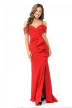 Load image into Gallery viewer, Lenovia #5206 ; Sweetheart Strapped Off The Shoulder Cinched and Ruffled Thigh Slit Floor Length Prom Homecoming Bridesmaids Formal Dress with added tail for length *Made in USA *Stretch knit polyester techno crepe fabric *Sweetheart draped off the shoulder neckline with straps *Bodycon cinched bodice and draped side ruffle *Thigh slit floor length long dress with added tail for length *Midi length lining with hidden back zipper and bra cup inserts *Special Occasions include: Prom, Homecoming, Bridesmaid, R
