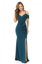 Load image into Gallery viewer, Lenovia #5206 ; Sweetheart Strapped Off The Shoulder Cinched and Ruffled Thigh Slit Floor Length Prom Homecoming Bridesmaids Formal Dress with added tail for length *Made in USA *Stretch knit polyester techno crepe fabric *Sweetheart draped off the shoulder neckline with straps *Bodycon cinched bodice and draped side ruffle *Thigh slit floor length long dress with added tail for length *Midi length lining with hidden back zipper and bra cup inserts *Special Occasions include: Prom, Homecoming, Bridesmaid, R
