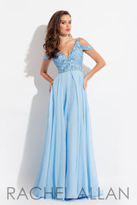 Rachel Allan #6054 Size 10 Periwinkle Rachel Allan #6054 Prom dress, A-Line style with chiffon overlay, fully beaded bodice, open bra back w/hook closure , zipper closure on skirt