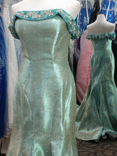 Load image into Gallery viewer, Mac Duggal ; #30577 Size 12 Color Aqua Marine ( stock image has a different hue see photos for actually dress ) ; Mac Duggal #30577 Prom dress mermaid style aqua marine ( photo is slightly darker than actual dress see added pics ) , glitter taffeta ;fabric , off the shoulder neckline with crystal beading , zipper closure. see size chart for measurements
