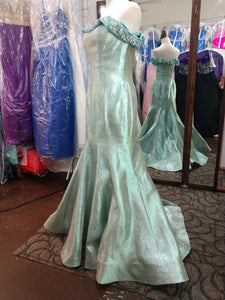 Mac Duggal ; #30577 Size 12 Color Aqua Marine ( stock image has a different hue see photos for actually dress ) ; Mac Duggal #30577 Prom dress mermaid style aqua marine ( photo is slightly darker than actual dress see added pics ) , glitter taffeta ;fabric , off the shoulder neckline with crystal beading , zipper closure. see size chart for measurements