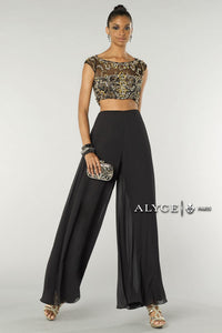 Alyce #6373 Royal Blue Size 0 Royal Blue ONLY (shown stock image BLACK ) Alyce #6373 2 pc prom pant outfit , cute beaded crop top Hook closure, chiffon pants fully lined , Zipper in back closure. 32 chest 26 waist 32 hip