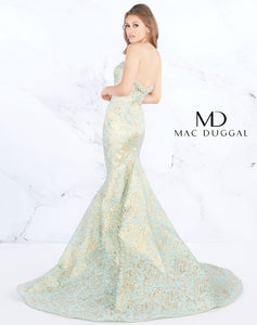 Mac Duggal 66740M Size 6 Aqua  ice blue formal dress features a mermaid silhouette in jacquard, with beading accent on the collared strapless sweetheart neckline. The semi-open back is offset with a chapel train. Mermaid style gown, strapless sweetheart neckline, brocade has gold shine, dramatic train , zipper closure 