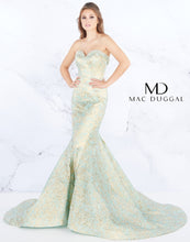 Load image into Gallery viewer, Mac Duggal 66740M Size 6 Aqua  ice blue formal dress features a mermaid silhouette in jacquard, with beading accent on the collared strapless sweetheart neckline. The semi-open back is offset with a chapel train. Mermaid style gown, strapless sweetheart neckline, brocade has gold shine, dramatic train , zipper closure 
