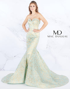 Mac Duggal 66740M Size 6 Aqua  ice blue formal dress features a mermaid silhouette in jacquard, with beading accent on the collared strapless sweetheart neckline. The semi-open back is offset with a chapel train. Mermaid style gown, strapless sweetheart neckline, brocade has gold shine, dramatic train , zipper closure 