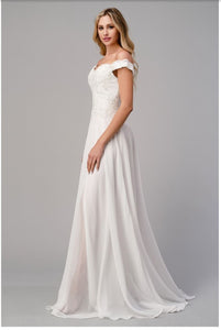 CINDERELLA DIVINE DRESS, Wedding Gown, Formal #7258W SIZE S- 2XL; Color Off-White Off the shoulder lace bodice gown with flowy chiffon bottom and leg slit in lining. 