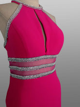 Load image into Gallery viewer, Clarisse #3411 fit n flare Prom gown , formal dress, Fuchsia Size 6 Mermaid style skirt, bodice constructed with boning an cup shape, stretch jersey knit with power mesh waistband and back , crystal rhinestone banding, keyhole mesh back, zipper , fully lined
