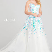 Load image into Gallery viewer, Ellie Wilde #120144 Size 8 Ivory A-Line ball gown , Prom dress, Gala event,  with full tulle skirt this dress offers plenty of sparkle with the pallet sequins of AB rainbow color, Spaghetti straps, full lined with zipper closure 
