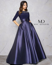 Load image into Gallery viewer, Mac Duggal #80682D Size 4 Navy This Mac Duggal #80682D couture ball gown will be the perfect dress for prom , pageant or any occasion. Jersey knit bodice with a three-quarter length sleeves with beautifully beaded neck will set you apart ,the embellished collar adding ; sparkle and glamour. 
