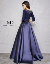 Load image into Gallery viewer, Mac Duggal #80682D Size 4 Navy This Mac Duggal #80682D couture ball gown will be the perfect dress for prom , pageant or any occasion. Jersey knit bodice with a three-quarter length sleeves with beautifully beaded neck will set you apart ,the embellished collar adding ; sparkle and glamour. 
