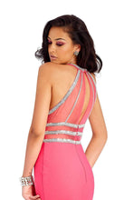 Load image into Gallery viewer, Clarisse #3411 fit n flare Prom gown , formal dress, Fuchsia Size 6 Mermaid style skirt, bodice constructed with boning an cup shape, stretch jersey knit with power mesh waistband and back , crystal rhinestone banding, keyhole mesh back, zipper , fully lined
