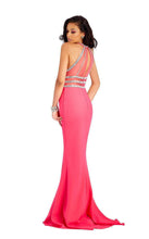 Load image into Gallery viewer, Clarisse #3411 fit n flare Prom gown , formal dress, Fuchsia Size 6 Mermaid style skirt, bodice constructed with boning an cup shape, stretch jersey knit with power mesh waistband and back , crystal rhinestone banding, keyhole mesh back, zipper , fully lined
