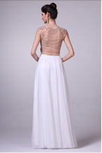 Load image into Gallery viewer, Cinderella Divine ; #8716 Prom dress, Wedding gown, Sheer cap sleeve, Illusion neckline, Sheer beaded back, Chiffon layered skirt. 
