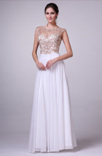 Load image into Gallery viewer, Cinderella Divine ; #8716 Prom dress, Wedding gown, Sheer cap sleeve, Illusion neckline, Sheer beaded back, Chiffon layered skirt. 
