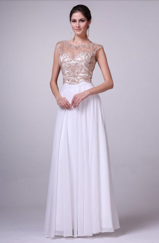 Cinderella Divine ; #8716 Prom dress, Wedding gown, Sheer cap sleeve, Illusion neckline, Sheer beaded back, Chiffon layered skirt. 