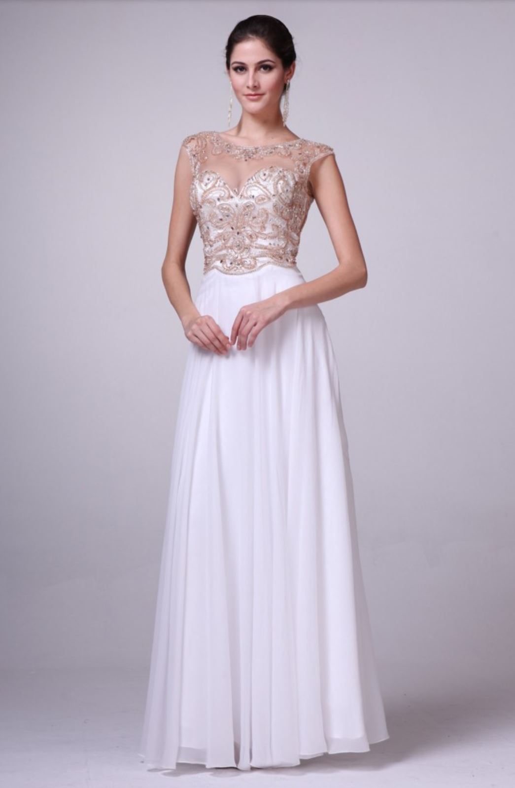 Cinderella Divine ; #8716 Prom dress, Wedding gown, Sheer cap sleeve, Illusion neckline, Sheer beaded back, Chiffon layered skirt. 