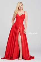 Load image into Gallery viewer, Ellie Wilde 120015 ; RED Size 4; Prom dress, Formal, Red carpet ; pockets Shimmer Satin fabric , A-Line style with high slit , form fitted bodice stiff like a bustier; includes pockets, mesh back with boning and peplum edge, 1&quot; wide straps, zipper closure; 
