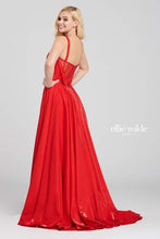 Load image into Gallery viewer, Ellie Wilde 120015 ; RED Size 4; Prom dress, Formal, Red carpet ; pockets Shimmer Satin fabric , A-Line style with high slit , form fitted bodice stiff like a bustier; includes pockets, mesh back with boning and peplum edge, 1&quot; wide straps, zipper closure; 
