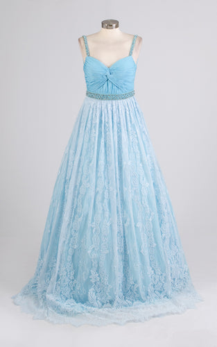 Jovani #58002 Size 16 Jr. Color Light Blue Jovani Prom ball gown lace overlay with silk bodice pleated detail, beaded banding and straps , Zipper closure 