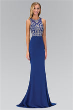 Load image into Gallery viewer, GLS#1385 Size 2XL Color royal blue plus size Prom gown is a jersey knit formal with silver rhinestone and sequin beading bodice is well made offering support with sewn in cup shapers and boning , back view shows like a two piece gown and the bodice has a separating zipper closure. The skirt has stretch the back has a hidden zipper closure. 
