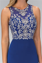 Load image into Gallery viewer, GLS#1385 Size 2XL Color royal blue plus size Prom gown is a jersey knit formal with silver rhinestone and sequin beading bodice is well made offering support with sewn in cup shapers and boning , back view shows like a two piece gown and the bodice has a separating zipper closure. The skirt has stretch the back has a hidden zipper closure. 
