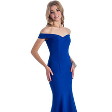 Load image into Gallery viewer, GLS prom gown royal blue fit n flare  / Stella Size 0 Color Royal Blue Stella brand by GLS Prom dress this fit and flare ,matte jersey knit, off the shoulder cap sleeves, sweetheart neckline , zipper closure. chest ;31 waist 24 hip ;33 
