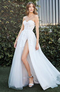 Cinderella Divine CB065W Off White this A-line all over lace strapless wedding dress, layered tulle skirt with slit, lace applique over structured bodice.