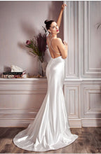 Load image into Gallery viewer, Cinderella Divine #CH236W Wedding Gown , Pageant gown, Off white, This full-length gorgeous satin gown is contoured with sculpting seams and ruching creating a flattering silhouette on the sleeveless fitted bodice, showcasing a plunging V neckline as the back flaunts a low cut open style with crisscross slender strap support. The skirt fits and flares from above the knee hemline
