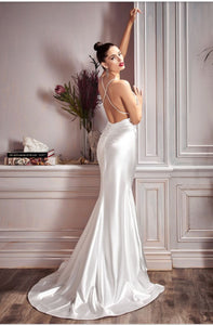 Cinderella Divine #CH236W Wedding Gown , Pageant gown, Off white, This full-length gorgeous satin gown is contoured with sculpting seams and ruching creating a flattering silhouette on the sleeveless fitted bodice, showcasing a plunging V neckline as the back flaunts a low cut open style with crisscross slender strap support. The skirt fits and flares from above the knee hemline